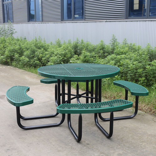 Outside picnic table with attached benches