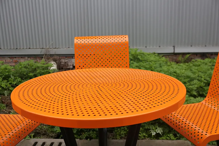 Round steel outdoor picnic table with chairs