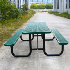 Outdoor long metal picnic benches and tables