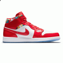 Authentic Air Jordan 1 Mid With Red Patent and Geometric Print Women