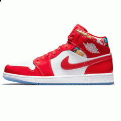 Authentic Air Jordan 1 Mid With Red Patent and Geometric Print Women