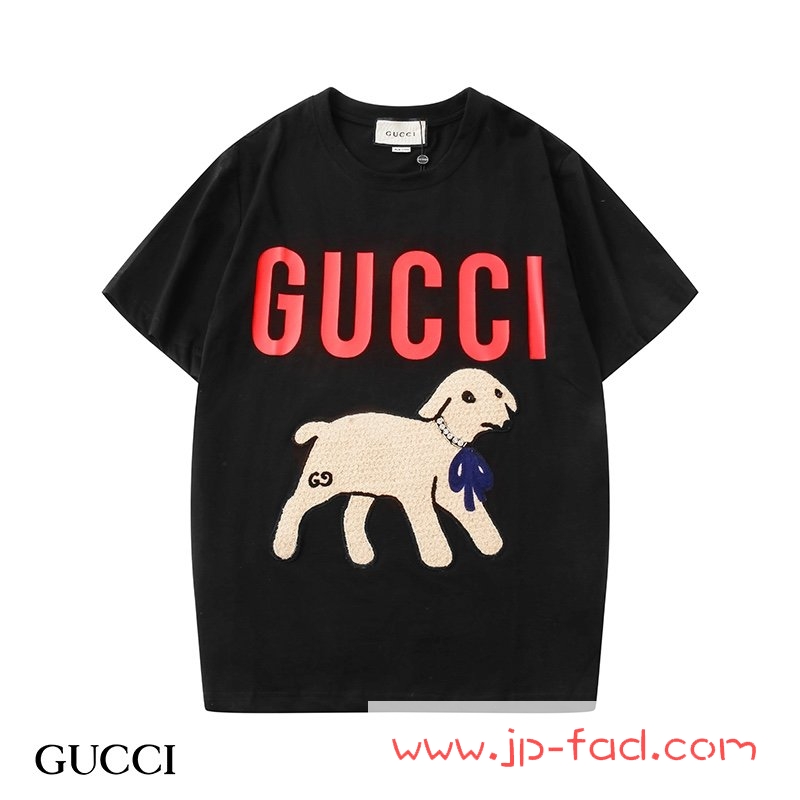 Gucci T シャツ コピー レディース ブランド パロディ トップス かわいい グッチ 羊 ラムプリントロゴコットンtシャツ メンズ 刺繍
