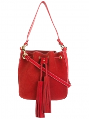 calf leather contrast color stitching bucket tote bag with tassel and embossed internal logo stamp