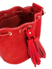 calf leather contrast color stitching bucket tote bag with tassel and embossed internal logo stamp