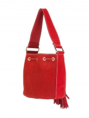 calf leather contrast color stitching bucket tote bag with tassel and embossed internal logo stamp