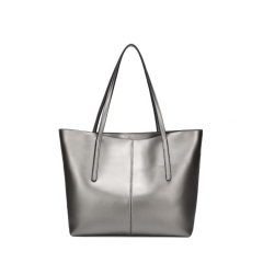 metallic silver color leather tote shoulder bag