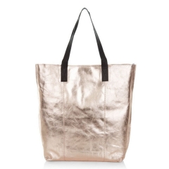 metallic finish real leather double handles wholesale female tote handbags