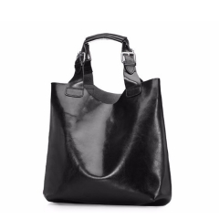 shiny smooth finish split leather black women tote bag