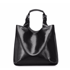 shiny smooth finish split leather black women tote bag