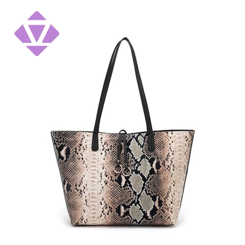 Guangzhou lady handbag factory made python pattern leather black handle tote bag
