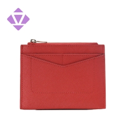 Red Credit Card Holder Slim Minimalist Wristlet Card Case Saffiano leather Lady Wallet with Zipper Pocket