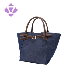 China manufacturer customized designer denim tote bag with leather handle stylish women handbags
