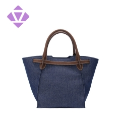 China manufacturer customized designer denim tote bag with leather handle stylish women handbags