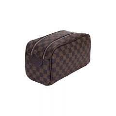 Luxury Checkered Cosmetic Bag Two-Zipper Make Up Bag PU Leather Toiletry Travel Bag for Women