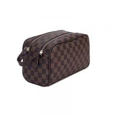 Luxury Checkered Cosmetic Bag Two-Zipper Make Up Bag PU Leather Toiletry Travel Bag for Women