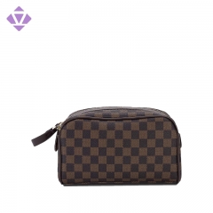 Luxury Checkered Cosmetic Bag Two-Zipper Make Up Bag PU Leather Toiletry Travel Bag for Women