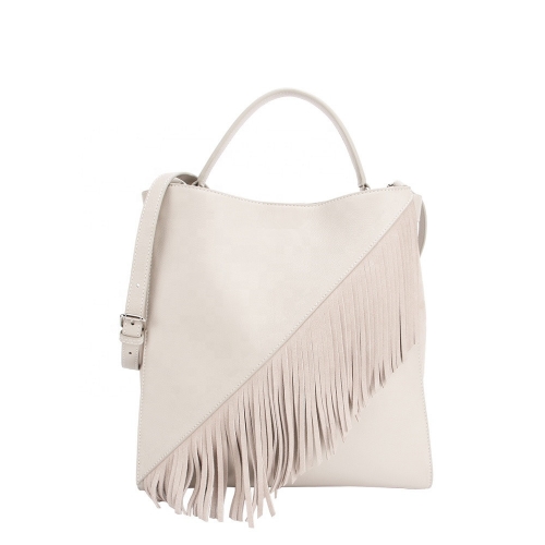 direct factory handmade genuine leather women handbag beige cowhide tassel shoulder bag