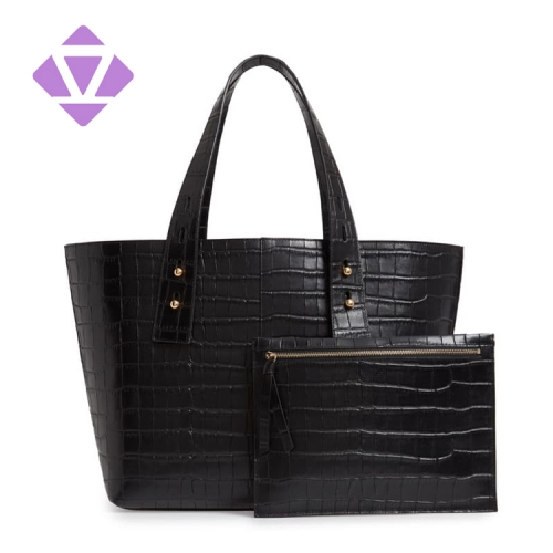 emboss crocodile printed leather black color tote handbag