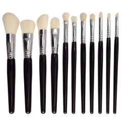 Professional 11pcs makeup brush set  black wooden handle high quality white synthetic bristles