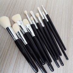 Professional 11pcs makeup brush set  black wooden handle high quality white synthetic bristles