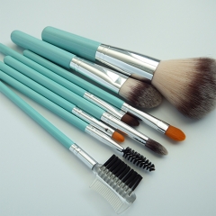 8 pieces travel makeup brush set with cyan wooden handle, high dense synthetic hair
