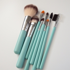 8 pieces travel makeup brush set with cyan wooden handle, high dense synthetic hair