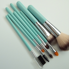 8 pieces travel makeup brush set with cyan wooden handle, high dense synthetic hair