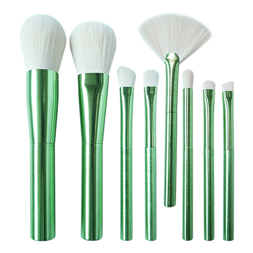 Newest 8pcs makeup brush set with dark green aluminum handle,white synthetic hair