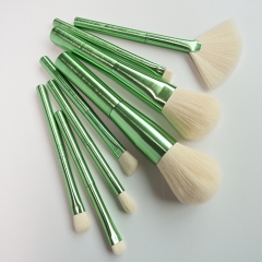 Newest 8pcs makeup brush set with dark green aluminum handle,white synthetic hair