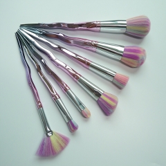 7Pcs Unique Design Handle Shape Makeup Brushes Tools Set silver tube Synthetic Foundation Brushes Eyeshadow Blusher (7Pcs Rainbow Hair)