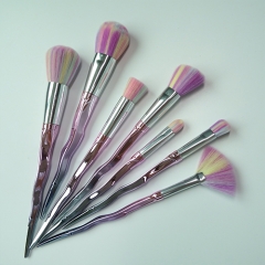 7Pcs Unique Design Handle Shape Makeup Brushes Tools Set silver tube Synthetic Foundation Brushes Eyeshadow Blusher (7Pcs Rainbow Hair)