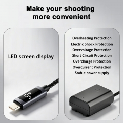 NP‑FZ100 9V Dummy Battery w/ LED Screen & PD – Fully Decoded, Braided Cable, Overcurrent Protection