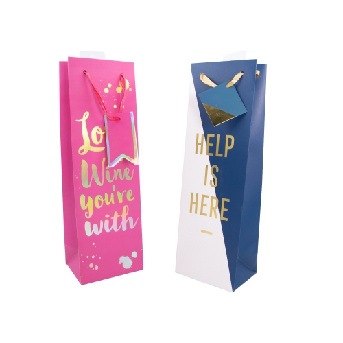 Assorted Themed Wine Bottle Gift Bags with Ribbon Handles and Hang Tags