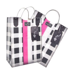 Stylish Checkered Wine Gift Bag with silver Metal Handles & Faux Leather Accents
