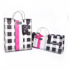 Stylish Checkered Wine Gift Bag with silver Metal Handles & Faux Leather Accents