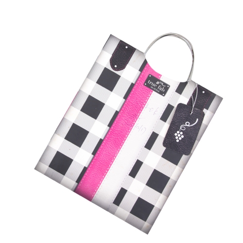 Stylish Checkered Wine Gift Bag with silver Metal Handles & Faux Leather Accents