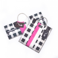 Stylish Checkered Wine Gift Bag with silver Metal Handles & Faux Leather Accents