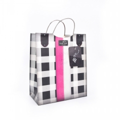 Stylish Checkered Wine Gift Bag with silver Metal Handles & Faux Leather Accents