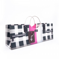 Stylish Checkered Wine Gift Bag with silver Metal Handles & Faux Leather Accents