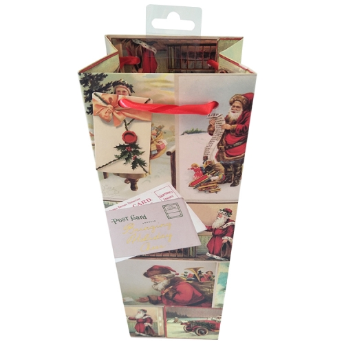Retro Christmas Wine Gift Bag with Red Ribbon Handles