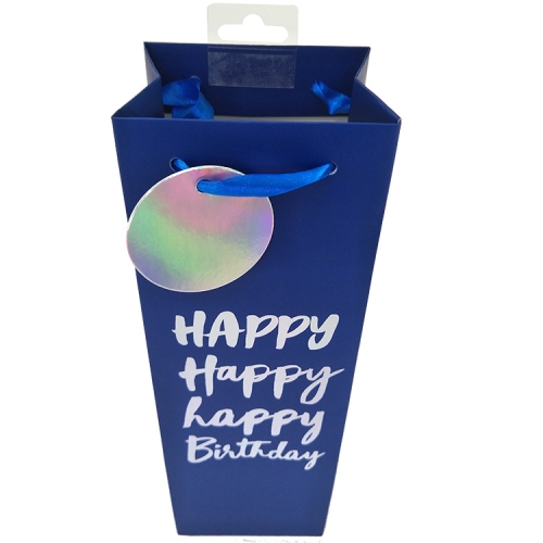 Navy Blue Holographic Birthday Wine Gift Bag with Ribbon Handles