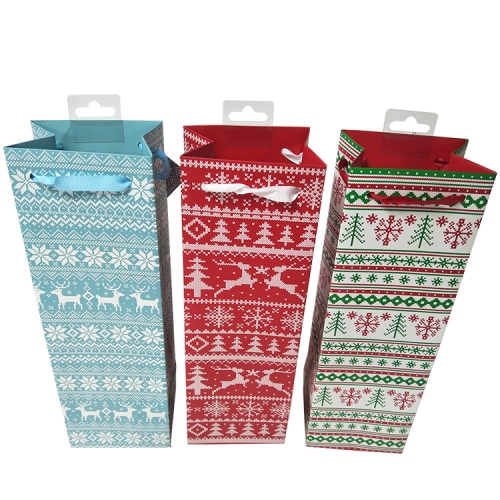 Christmas Knit Pattern Wine Gift Bag Set