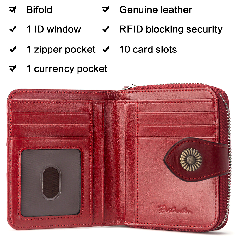 GOIACII Wallet For Women Leather Small RFID Blocking Bifold Zipper Pocket Card Holder with ID Window Wine Red 