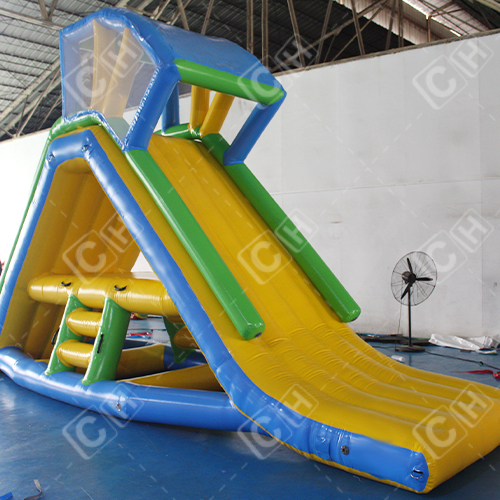 The inflatable slide on the sea going ship can be moved