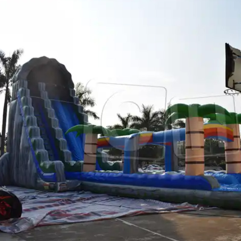 CH Super Long Marble Grey Pvc Exciting Inflatable Dual Slides/ Tropical Palm Tree Slide With Pool