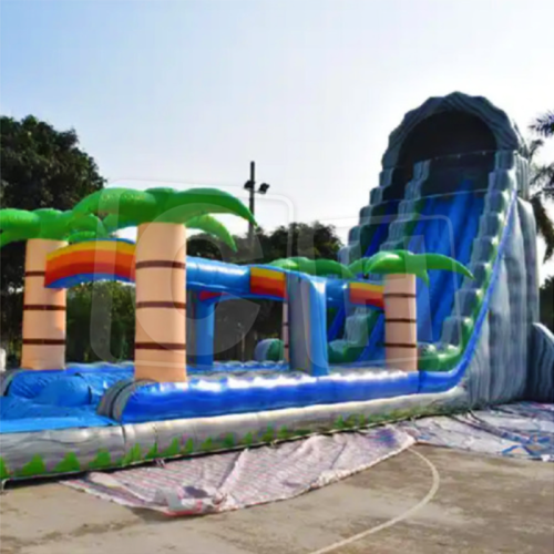 CH Super Long Marble Grey Pvc Exciting Inflatable Dual Slides/ Tropical Palm Tree Slide With Pool