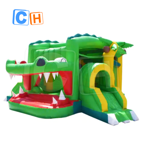 CH New Arrival Inflatable crocodile shooting bouncer with slide for kids, Inflatable animal bouncer with tree for backyard