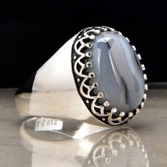 White streak design agate stone sterling silver 925 ring wholesale