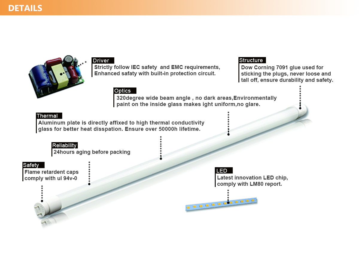 Tube LED 120cm T8 - 18W - 140lm/W