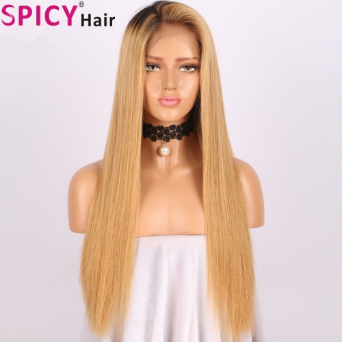 Spicyhair inexpensive dark root #27color straight lace front wig